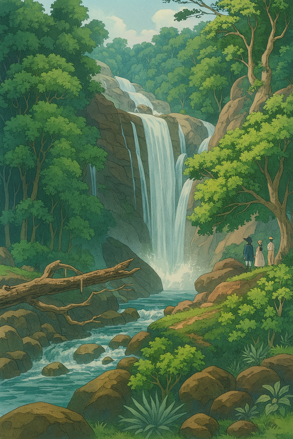 Tropical Waterfall with 19th-Century Travelers